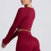 Super Sculpt Seamless Long-Sleeve Crop Top in Burgundy