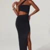 Suvi Asymmetric Neckline Ruched Cut Out Maxi Dress in Black