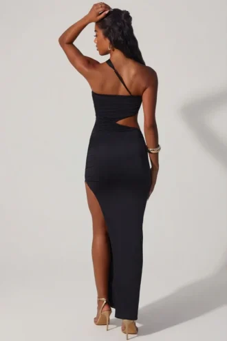 Suvi Asymmetric Neckline Ruched Cut Out Maxi Dress in Black