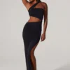 Suvi Asymmetric Neckline Ruched Cut Out Maxi Dress in Black