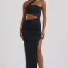 Suvi Asymmetric Neckline Ruched Cut Out Maxi Dress in Black