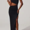 Suvi Asymmetric Neckline Ruched Cut Out Maxi Dress in Black