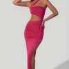 Suvi Asymmetric Neckline Ruched Cut Out Maxi Dress in Fuchsia