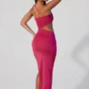 Suvi Asymmetric Neckline Ruched Cut Out Maxi Dress in Fuchsia