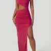 Suvi Asymmetric Neckline Ruched Cut Out Maxi Dress in Fuchsia