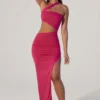 Suvi Asymmetric Neckline Ruched Cut Out Maxi Dress in Fuchsia