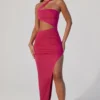 Suvi Asymmetric Neckline Ruched Cut Out Maxi Dress in Fuchsia