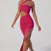 Suvi Asymmetric Neckline Ruched Cut Out Maxi Dress in Fuchsia
