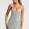 Svana Embellished V-neck A-Line Mini Dress in Silver