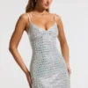 Svana Embellished V-neck A-Line Mini Dress in Silver