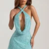 Sylune Embellished Cowl-Neck Backless Mini Dress in Aqua Blue