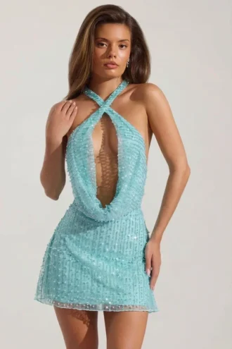Sylune Embellished Cowl-Neck Backless Mini Dress in Aqua Blue
