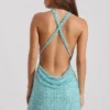 Sylune Embellished Cowl-Neck Backless Mini Dress in Aqua Blue