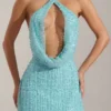 Sylune Embellished Cowl-Neck Backless Mini Dress in Aqua Blue