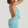 Sylune Embellished Cowl-Neck Backless Mini Dress in Aqua Blue