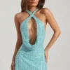 Sylune Embellished Cowl-Neck Backless Mini Dress in Aqua Blue