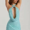 Sylune Embellished Cowl-Neck Backless Mini Dress in Aqua Blue