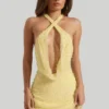Sylune Embellished Cowl-Neck Backless Mini Dress in Yellow