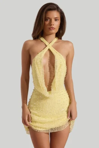 Sylune Embellished Cowl-Neck Backless Mini Dress in Yellow