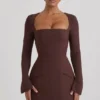 Taesha Square-Neck Structured Tulip Mini Dress in Chocolate Brown