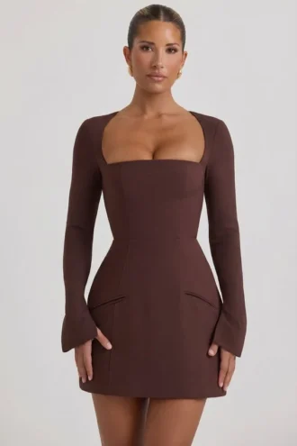 Taesha Square-Neck Structured Tulip Mini Dress in Chocolate Brown