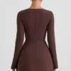 Taesha Square-Neck Structured Tulip Mini Dress in Chocolate Brown