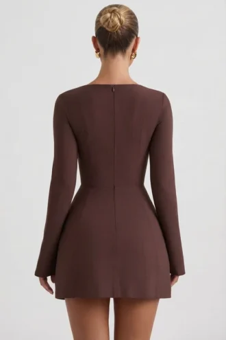 Taesha Square-Neck Structured Tulip Mini Dress in Chocolate Brown
