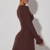 Taesha Square-Neck Structured Tulip Mini Dress in Chocolate Brown