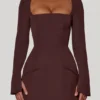 Taesha Square-Neck Structured Tulip Mini Dress in Chocolate Brown