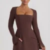 Taesha Square-Neck Structured Tulip Mini Dress in Chocolate Brown
