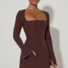 Taesha Square-Neck Structured Tulip Mini Dress in Chocolate Brown