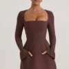 Taesha Square-Neck Structured Tulip Mini Dress in Chocolate Brown
