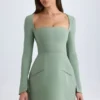 Taesha Square-Neck Structured Tulip Mini Dress in Khaki Green
