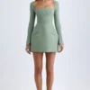 Taesha Square-Neck Structured Tulip Mini Dress in Khaki Green