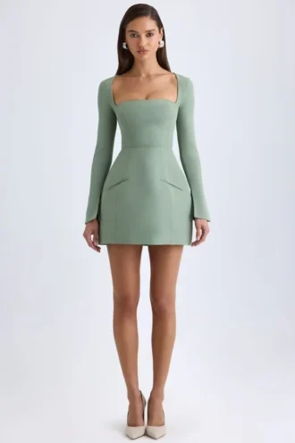 Taesha Square-Neck Structured Tulip Mini Dress in Khaki Green