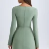 Taesha Square-Neck Structured Tulip Mini Dress in Khaki Green