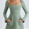 Taesha Square-Neck Structured Tulip Mini Dress in Khaki Green