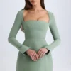 Taesha Square-Neck Structured Tulip Mini Dress in Khaki Green