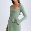 Taesha Square-Neck Structured Tulip Mini Dress in Khaki Green