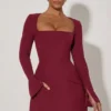 Taesha Square-Neck Structured Tulip Mini Dress in Wine Red
