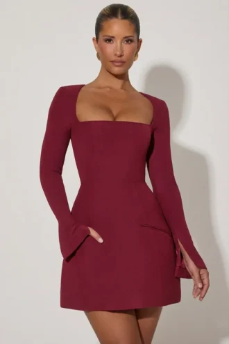 Taesha Square-Neck Structured Tulip Mini Dress in Wine Red