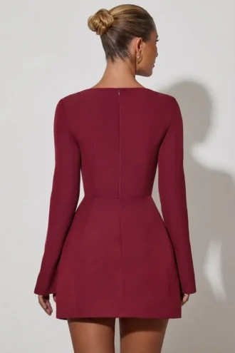 Taesha Square-Neck Structured Tulip Mini Dress in Wine Red