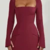 Taesha Square-Neck Structured Tulip Mini Dress in Wine Red