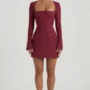 Taesha Square-Neck Structured Tulip Mini Dress in Wine Red