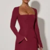 Taesha Square-Neck Structured Tulip Mini Dress in Wine Red