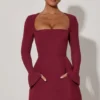 Taesha Square-Neck Structured Tulip Mini Dress in Wine Red