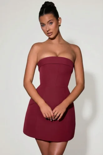 Taia Foldover-Neck Strapless Structured A-Line Mini Dress in Wine Red