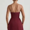 Taia Foldover-Neck Strapless Structured A-Line Mini Dress in Wine Red