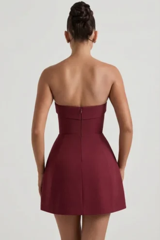 Taia Foldover-Neck Strapless Structured A-Line Mini Dress in Wine Red