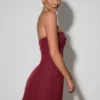 Taia Foldover-Neck Strapless Structured A-Line Mini Dress in Wine Red